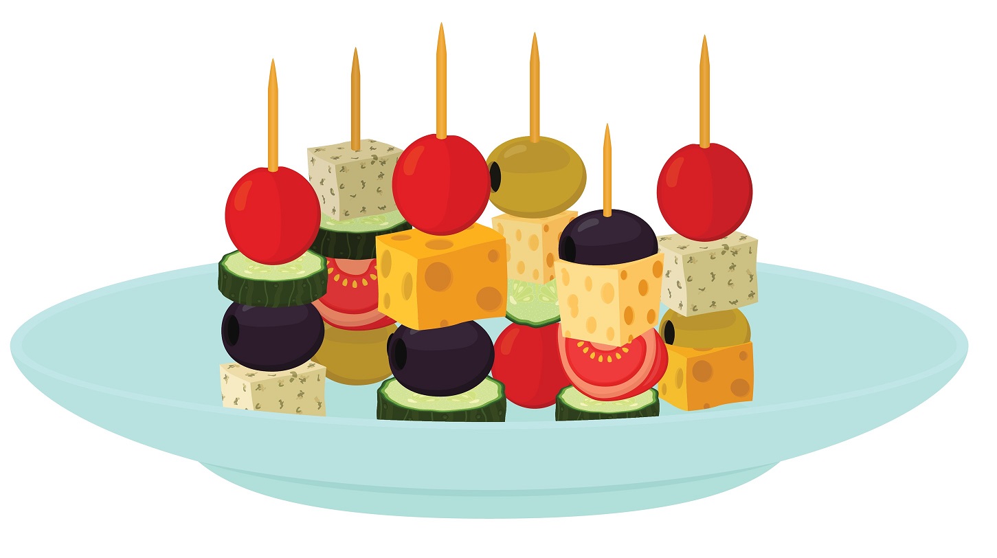 Canapes, tapas on plate, dish. Cartoon flat style.